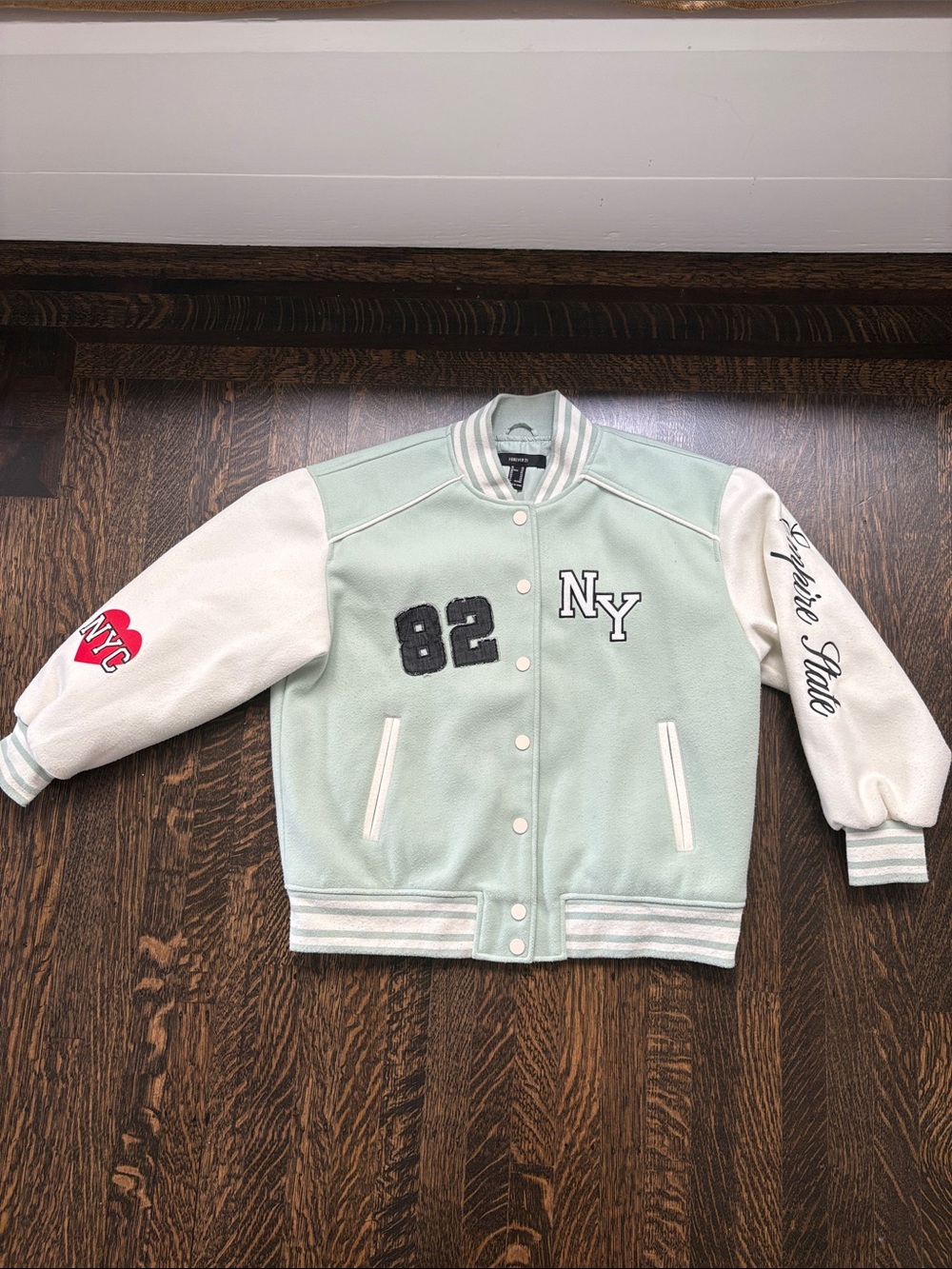 Forever 21 Mint Green and White NY Varsity Bomber Jacket